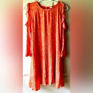 Old Navy Orange White Paisley Ruffle Cold Shoulder 3/4 Sl Crinkle Rayon Dress XS